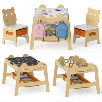 5-in-1 Toddler Table and 2 Chairs Cute Art Desk Set with Reversible Chalkboard Whiteboard-Natural