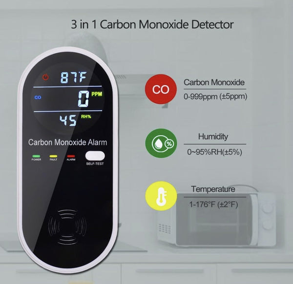 3-in-1 Carbon Monoxide Detector, Carbon Monoxide Detector Plug in Wall with Temperature & Humidity Display