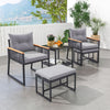 5 Piece Outdoor Rattan Conversation Set with 2-Layer Side Table and 2 Ottomans-Gray