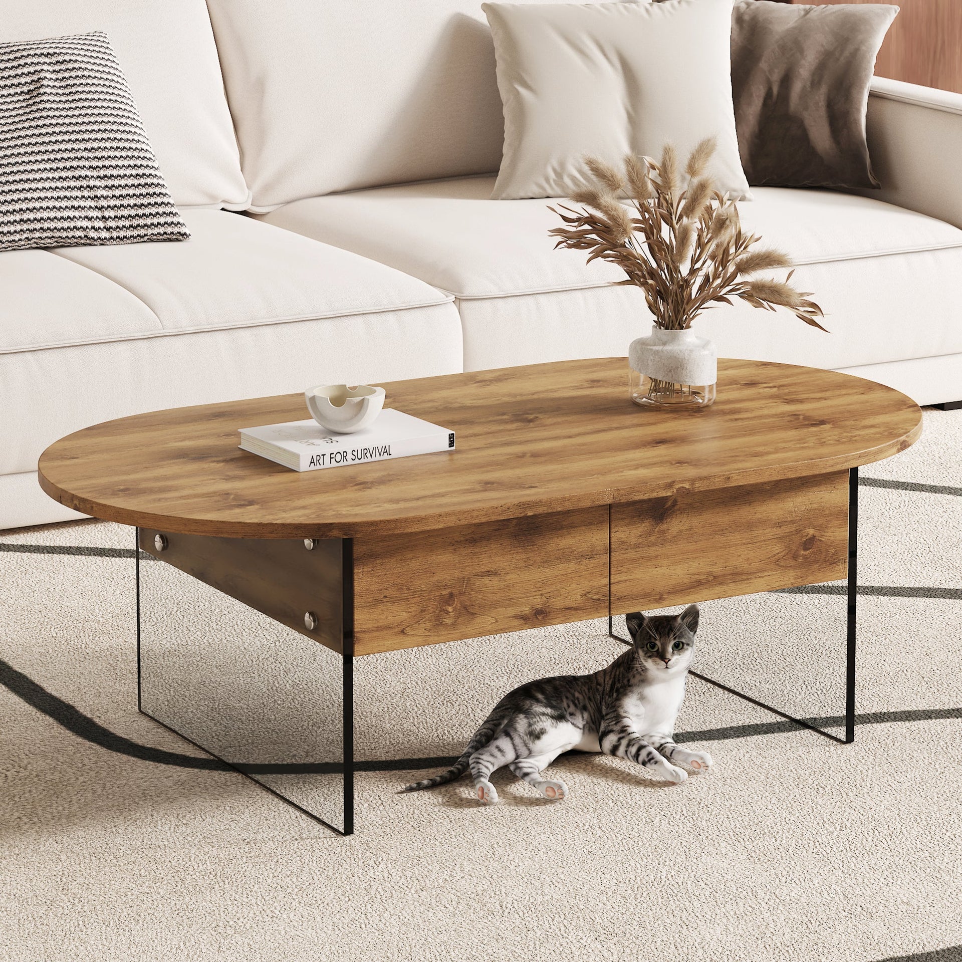 Elegant Coffee Table with Double Drawers and Transparent Glass Sides in MDF and Glass