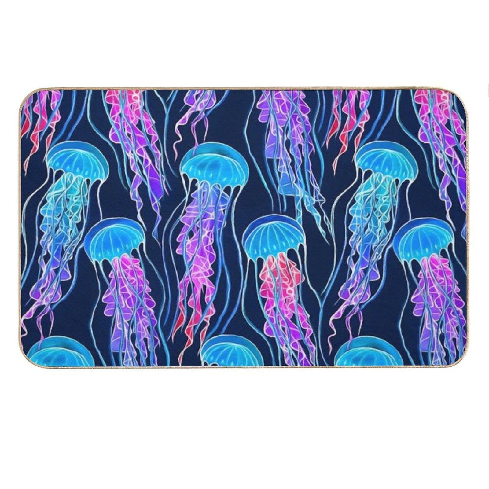 Luminescent Rainbow Jellyfish on Navy Blue Bath Mat