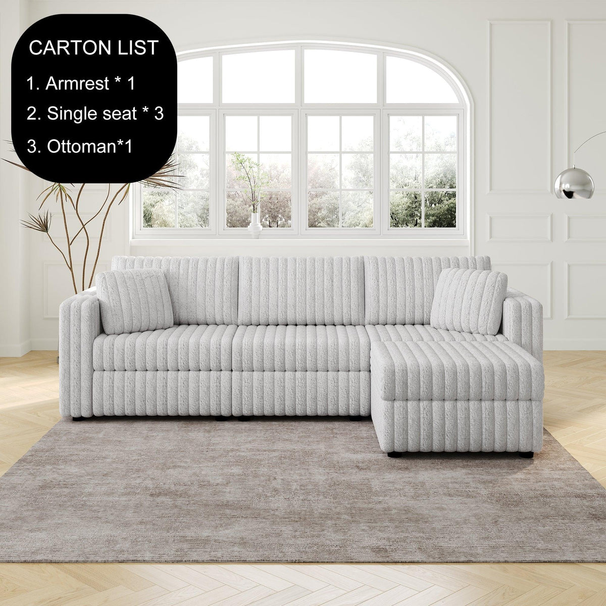 Light Gray Soft 3-Person Sofa with Ottoman