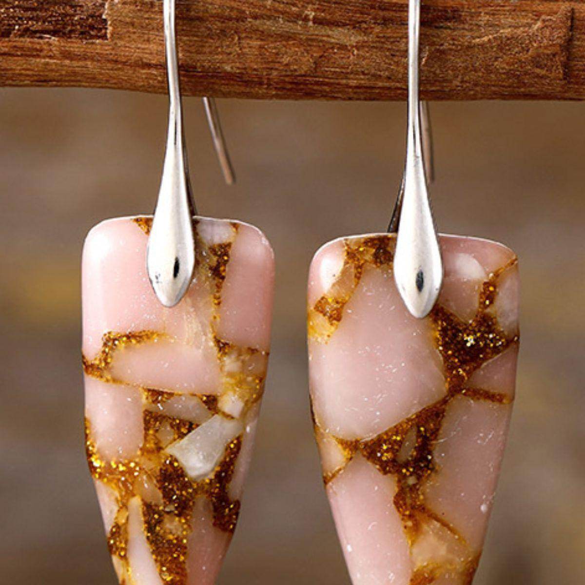 Natural Stone Geometric Shape Earrings in Platinum and Gold