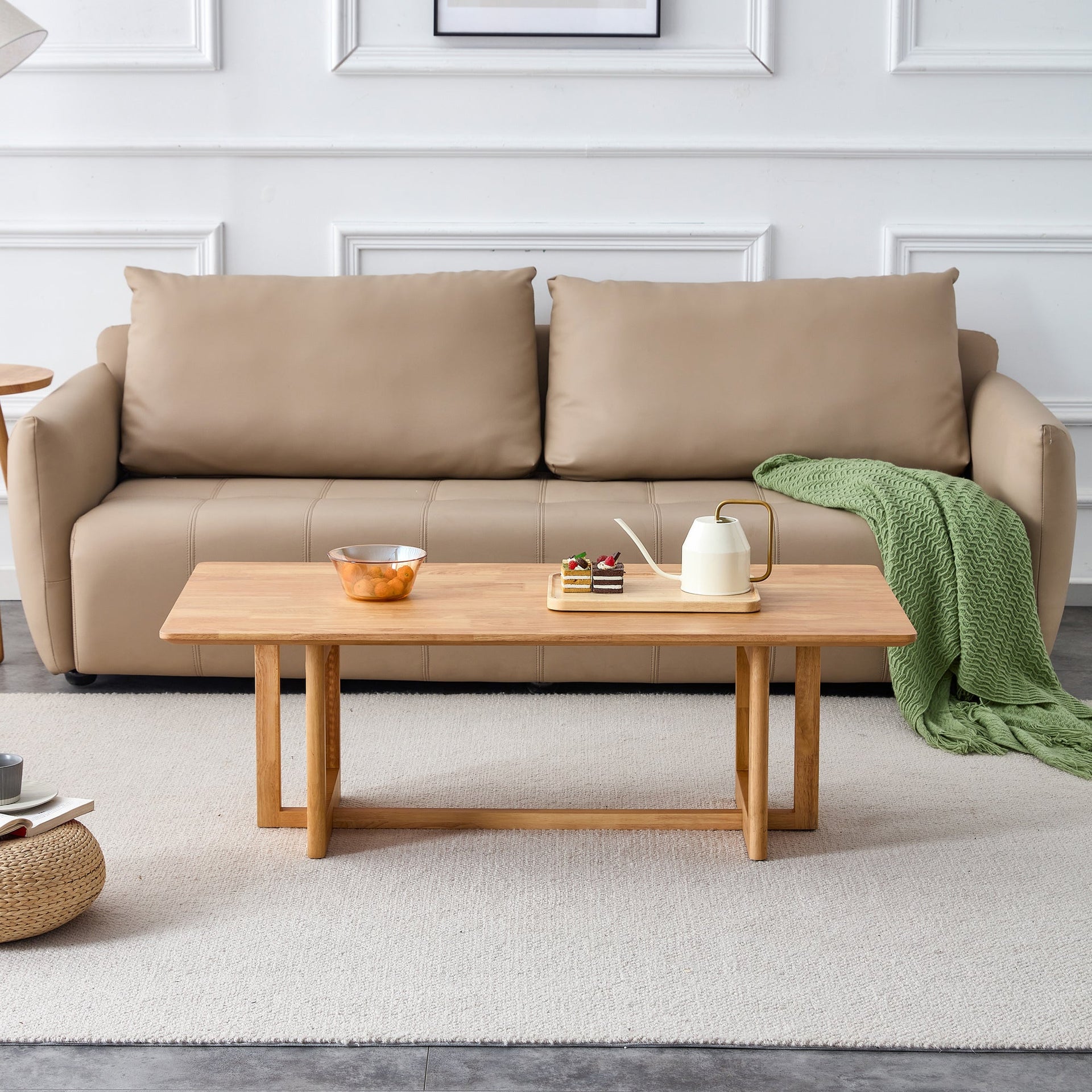 Natural Rubberwood and Solid Wood Coffee Table with Rattan Weave, Modern Minimalist