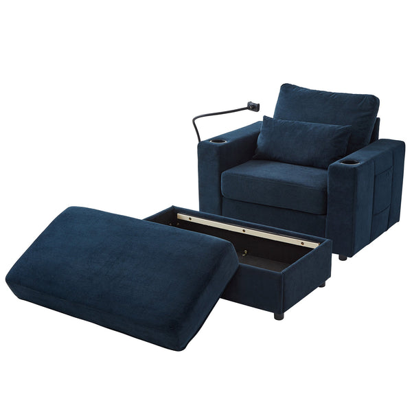 Modern Style Armchair Chaise Lounge  with Movable Storage Ottoman, USB Ports, and Cup Holders