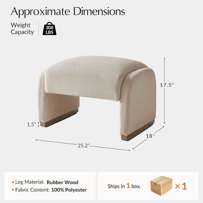 Beige Corduroy Ottoman With Contemporary Wood Legs