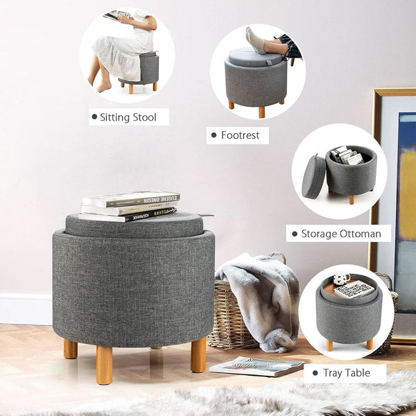 Grey Premium Microfiber Storage Ottoman Large Tray