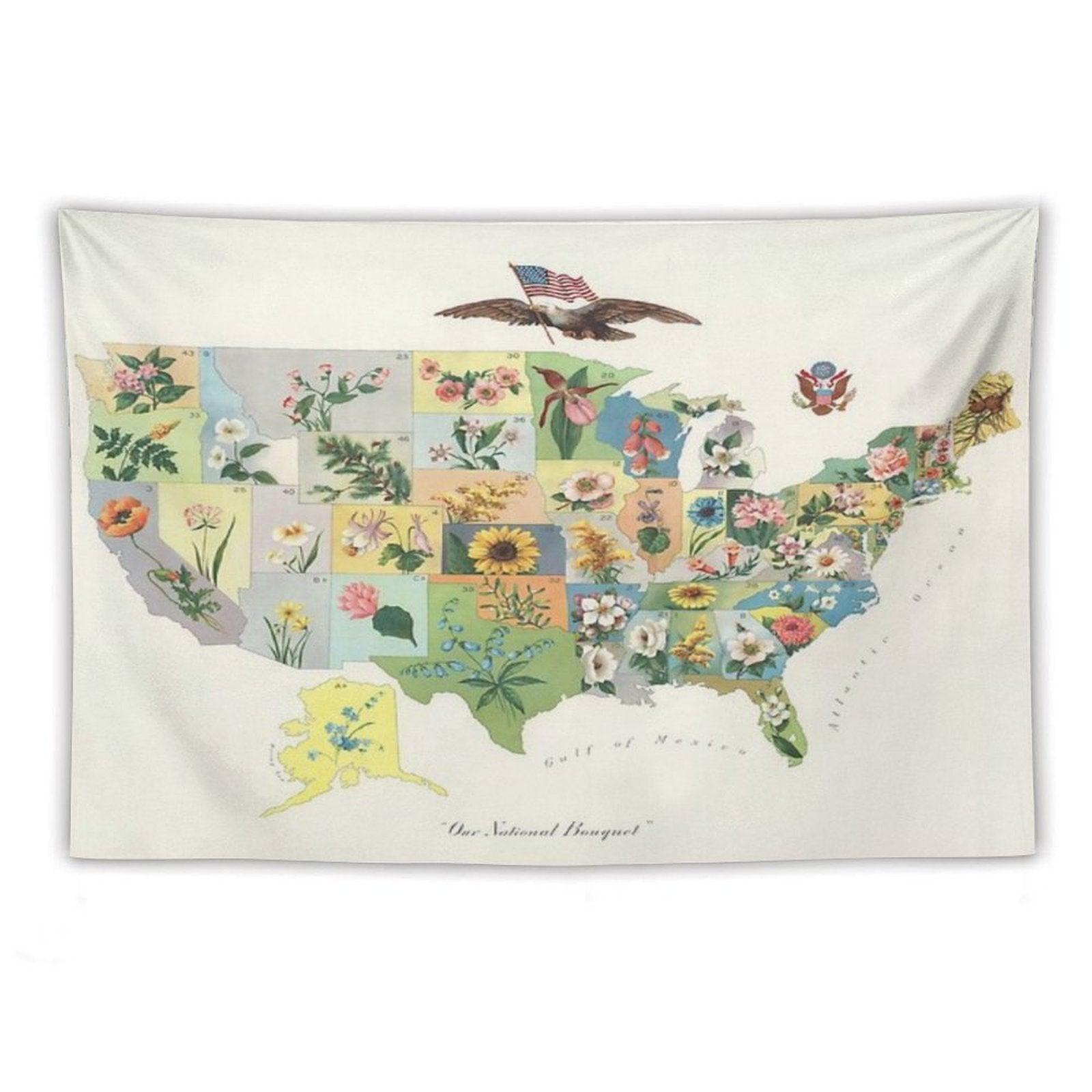 Vintage US State Flower Map Tapestry