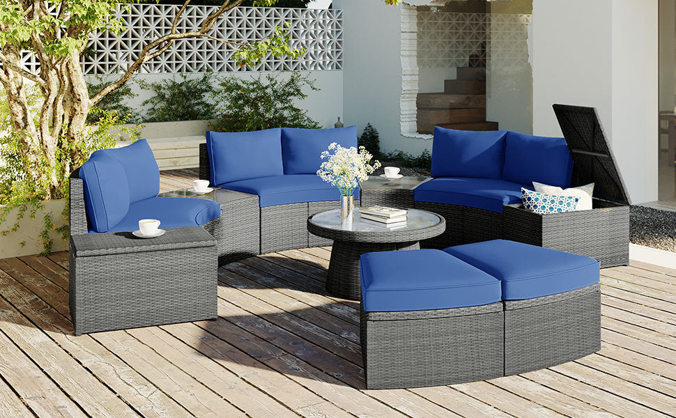 10-Piece Outdoor Sectional Half Round Patio Rattan Sofa Set, PE Wicker Conversation Furniture Set for Free Combination, Blue