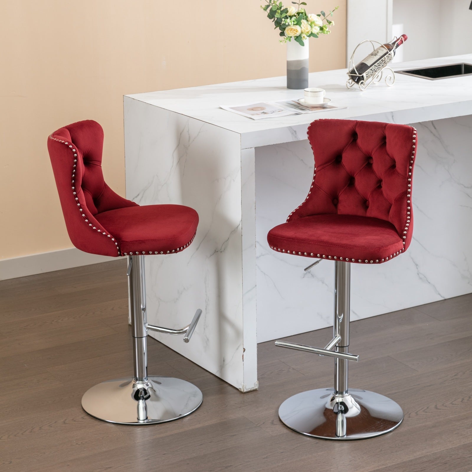 Modern Velvet Swivel Barstools with Adjustable Seat Height and Chrome Base