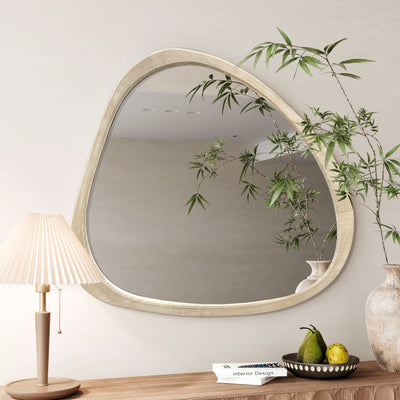 Solid Wood Mirror 45 Inch Asymmetrical Wall Mirror Wooden Framed Mirror Large Sized Dressing Mirror, for Living Room, Bedroom, Bathroom, Hallway or Entry Way, Natural Wood Washed