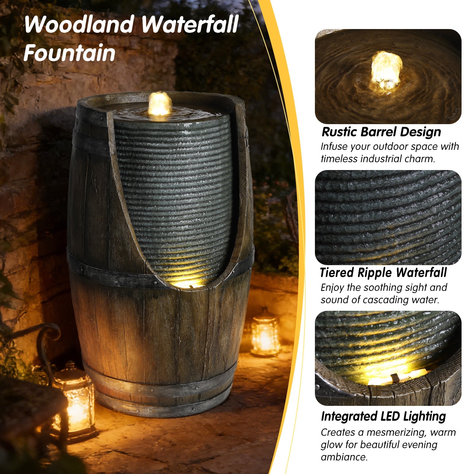 Resin Rustic Barrel Outdoor Water Fountain 24 Inch LED
