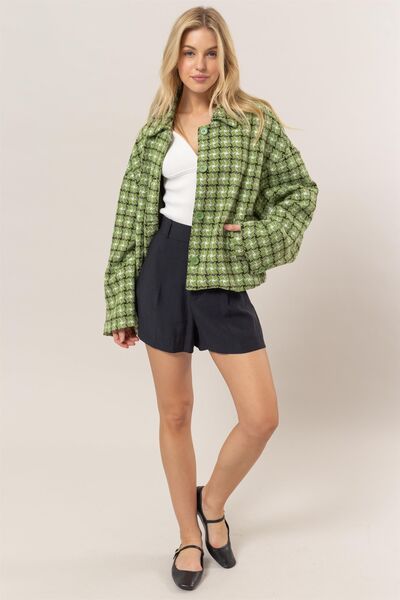Cute Green Tweed Plaid Button Up Collared Neck Jacket Classic & Elegant Layering Piece Everyday Jacket