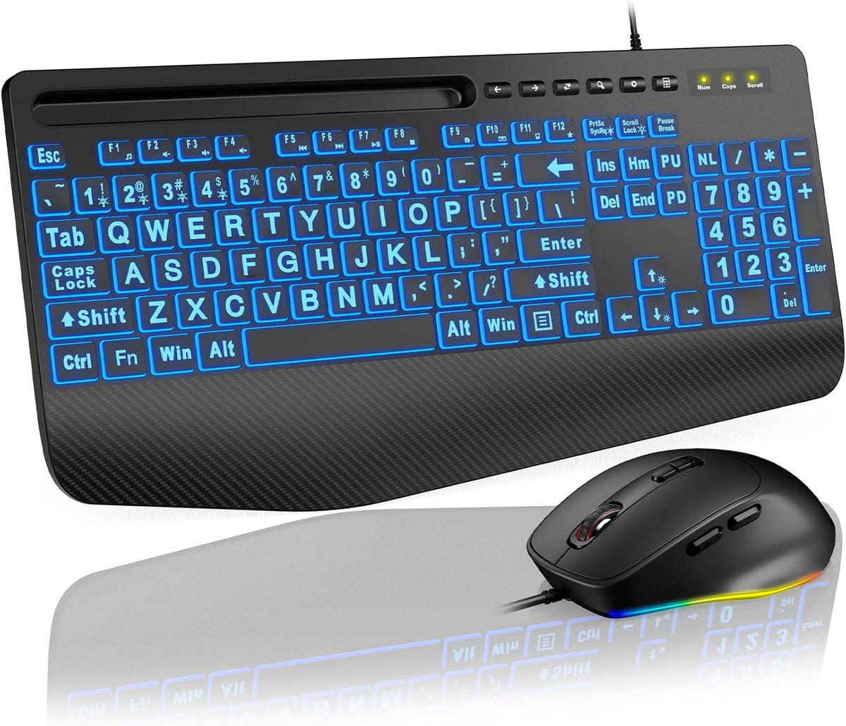 Wired Keyboard Mouse Combo – Large Print Backlit with Ergonomic Wrist Rest & 6-DPI RGB Mouse