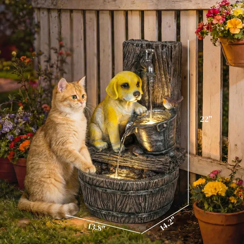 Resin Puppy Garden Outdoor Water Fountain 22 Inch