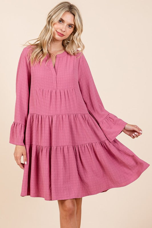 Tiered Notched Flare Sleeve Dress – Fluttering, Playful and Stylish Dress with Ruffled Layers and Trendy Flare Sleeves