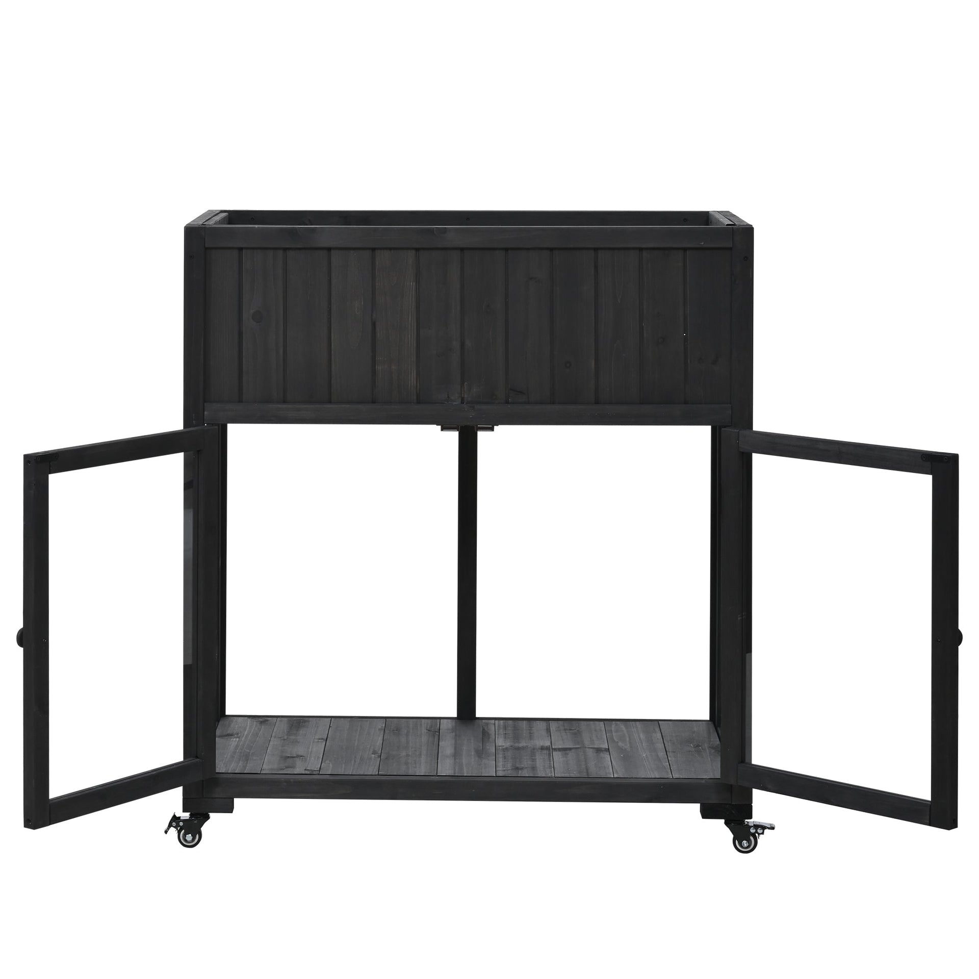 Patio 35.4''x17.7''x37.4'' Mini Wood Cold Frame, Compact 2 Doors Garden Greenhouse with Wheels, Raised Bed with Liner for Indoor Outdoor Use, Black