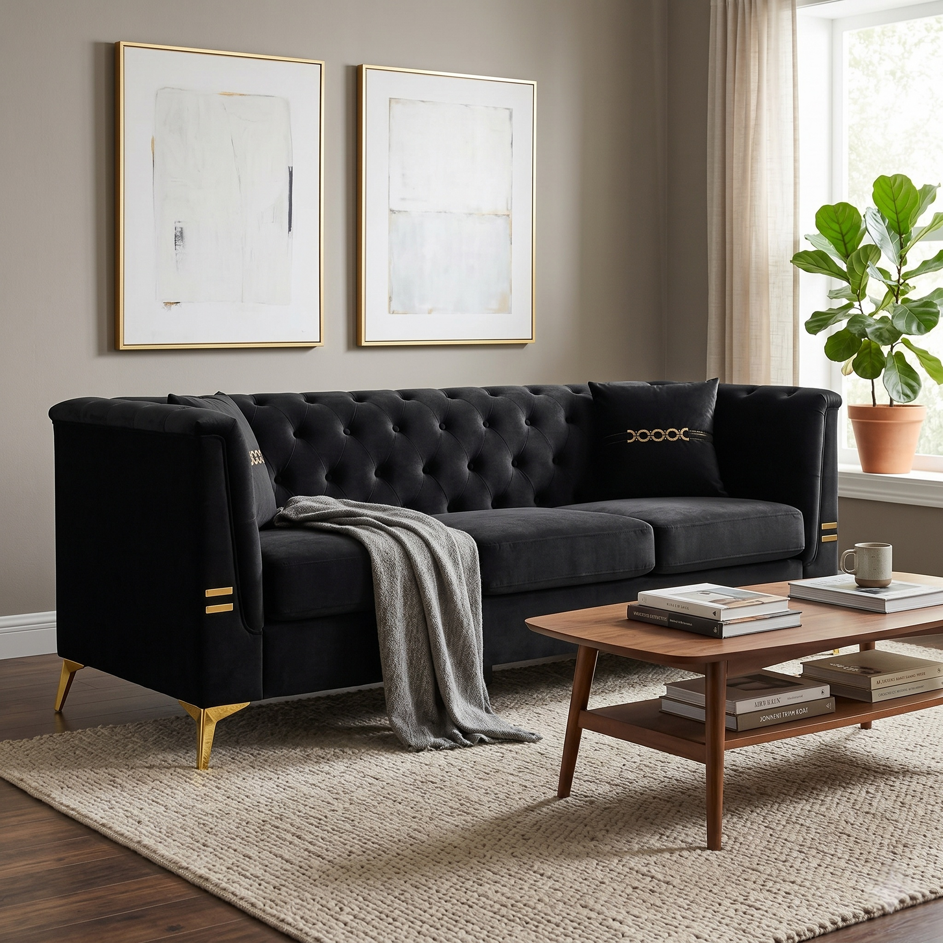 Black Velvet 3‑Seat Sofa
