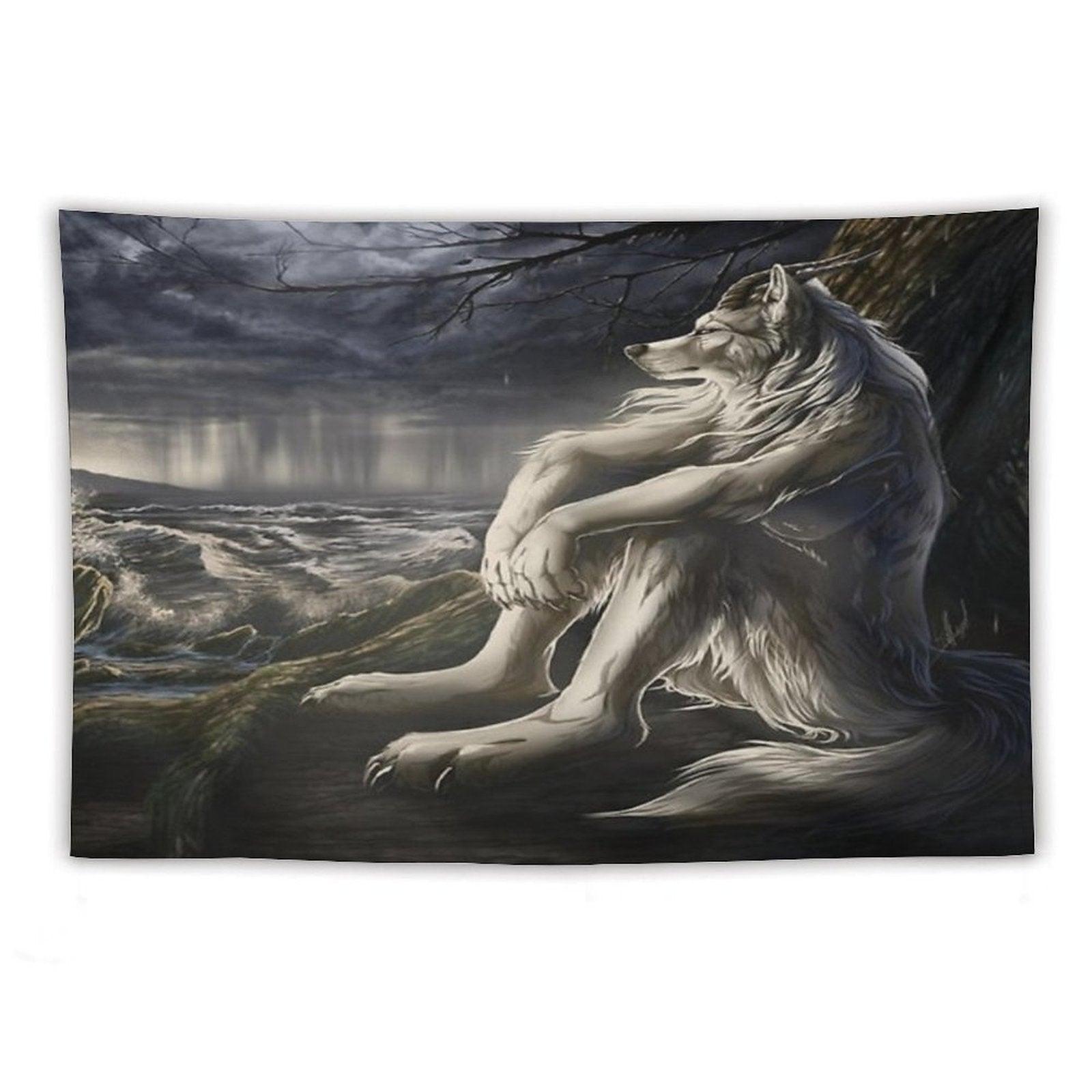 Emo White Wolf Sitting Sad Meme Tapestry