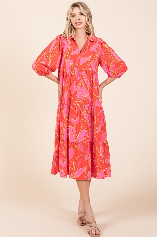 New Summer Tiered Printed Collared Neck Midi Dress For Women – Elegant and Versatile Dress with a Polished, Feminine Flair