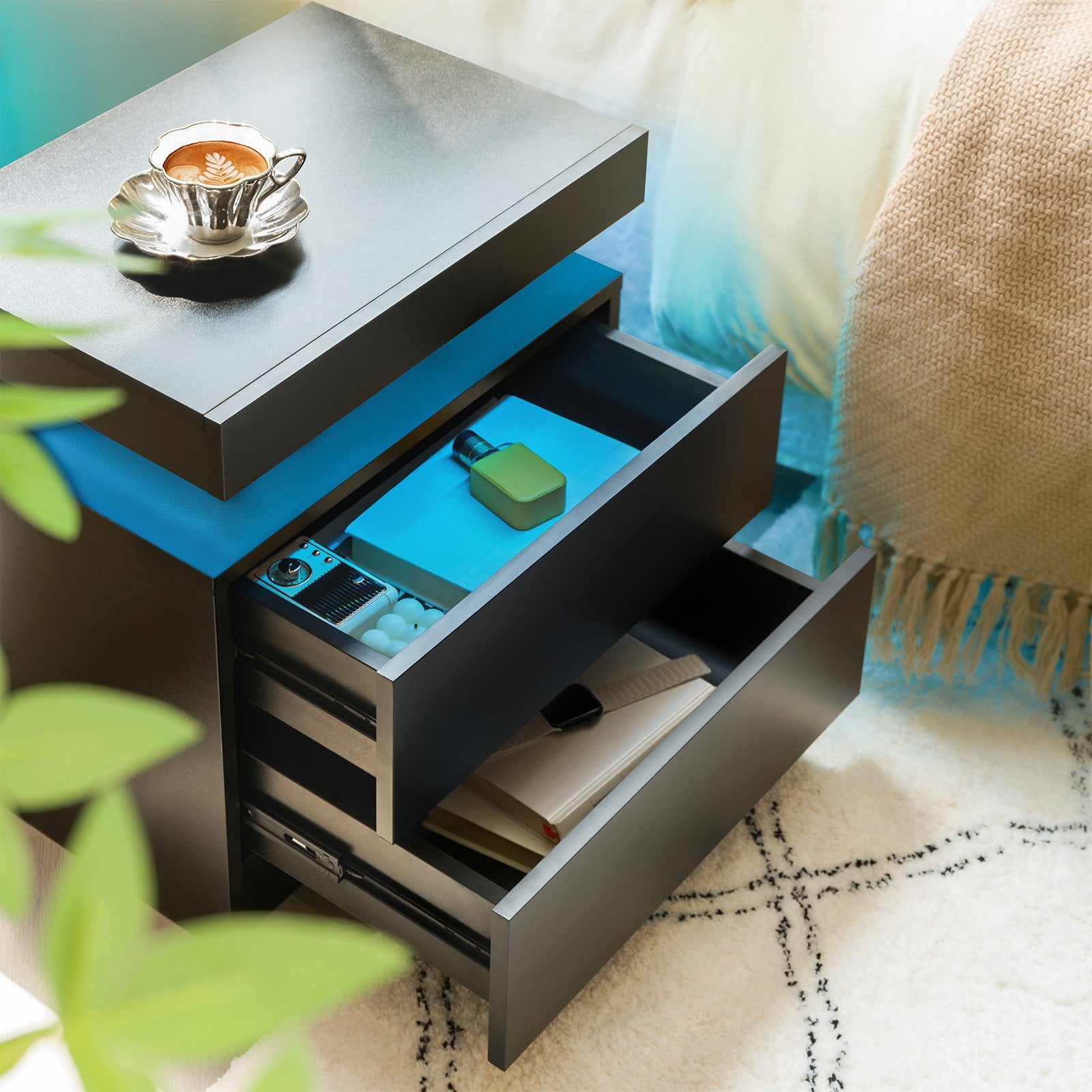 Nightstand LED Bedside Table Cabinet with 2 Drawers