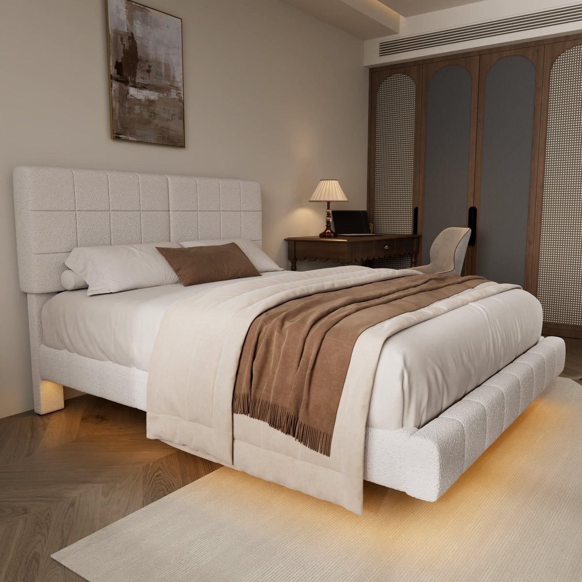 White  Boucle Floating Bed with Light,Queen
