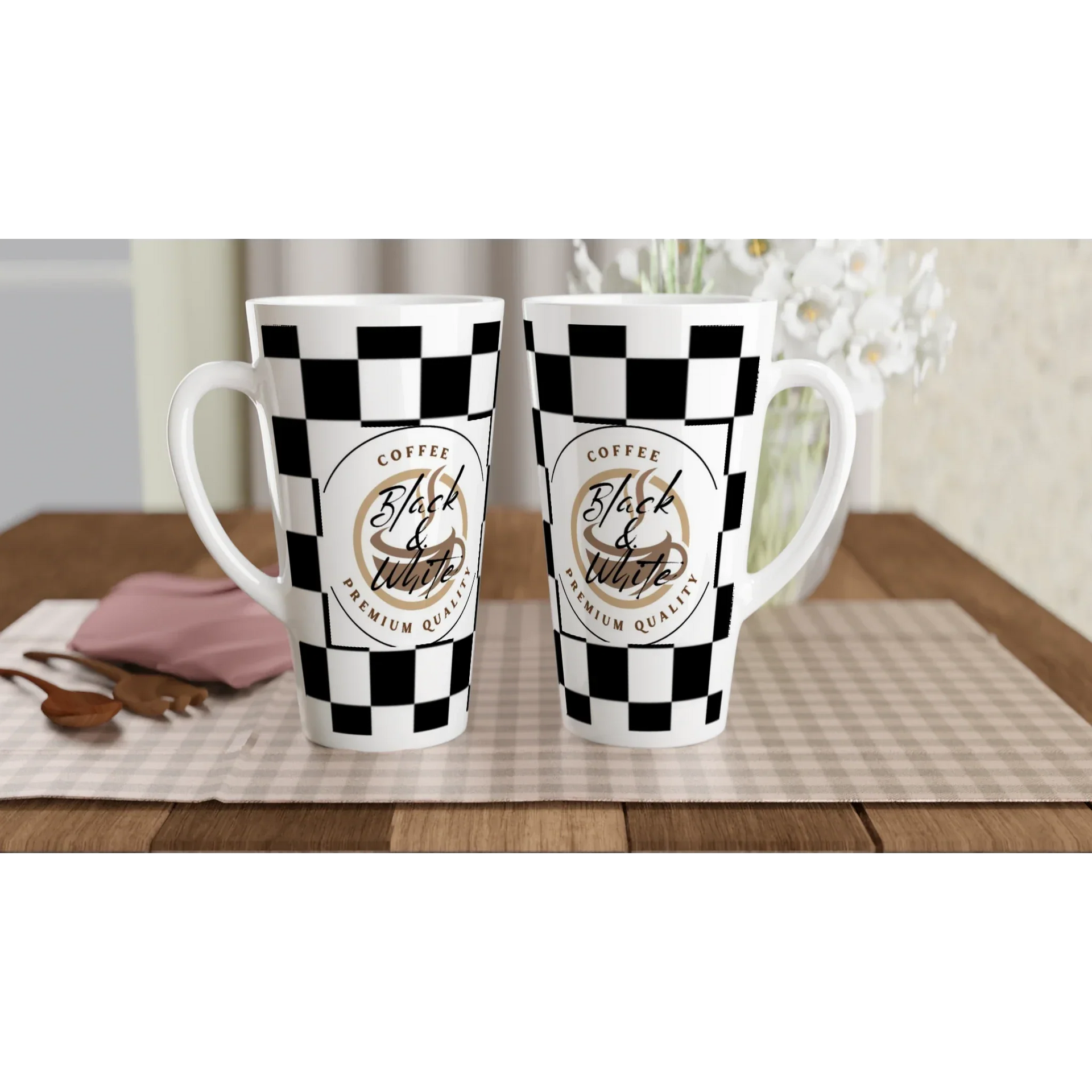 Elegant Black and White Checkered Ceramic Latte Mug - 17oz Coffee Cup