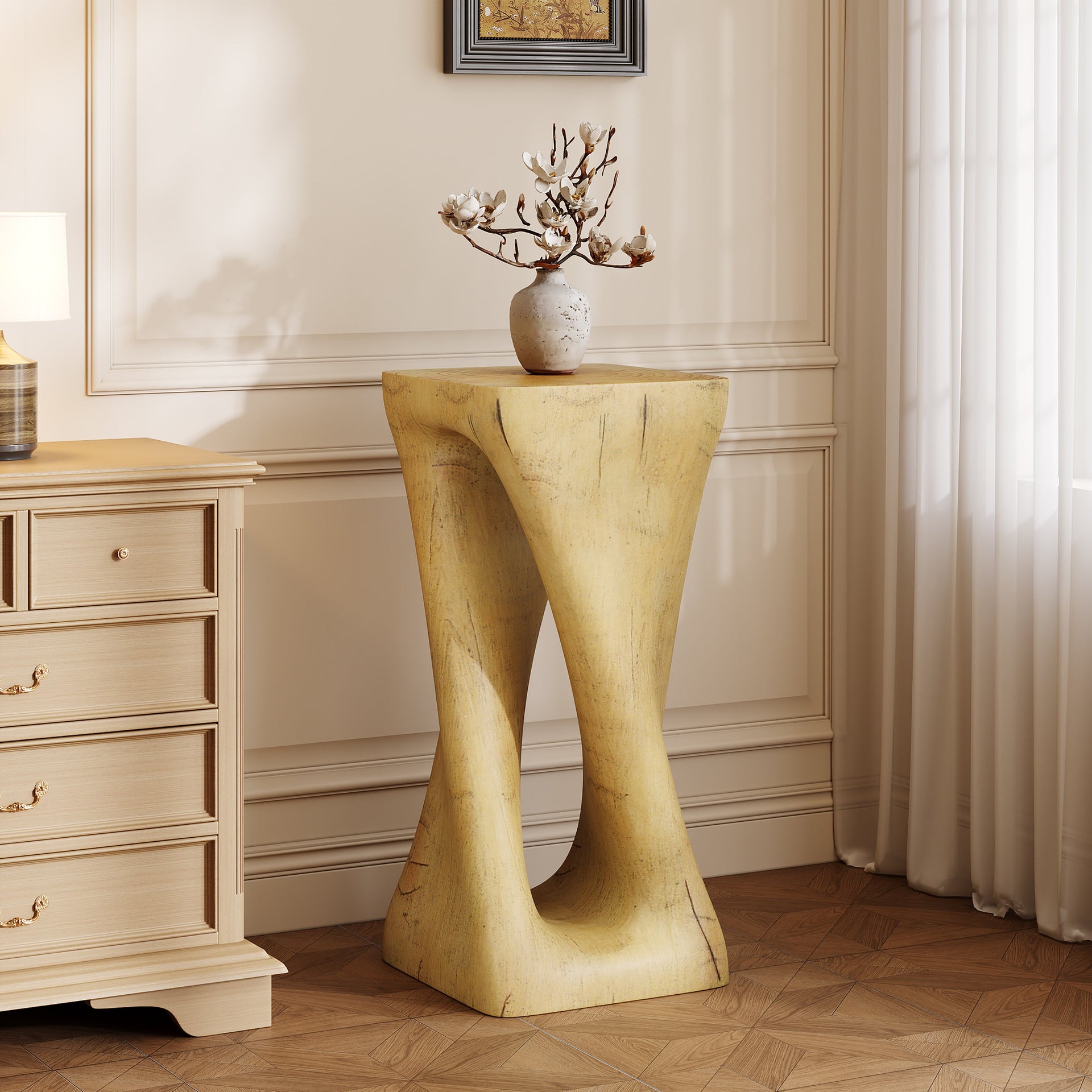 Twist Shape End Table in Wood Like Texture and Natural Color