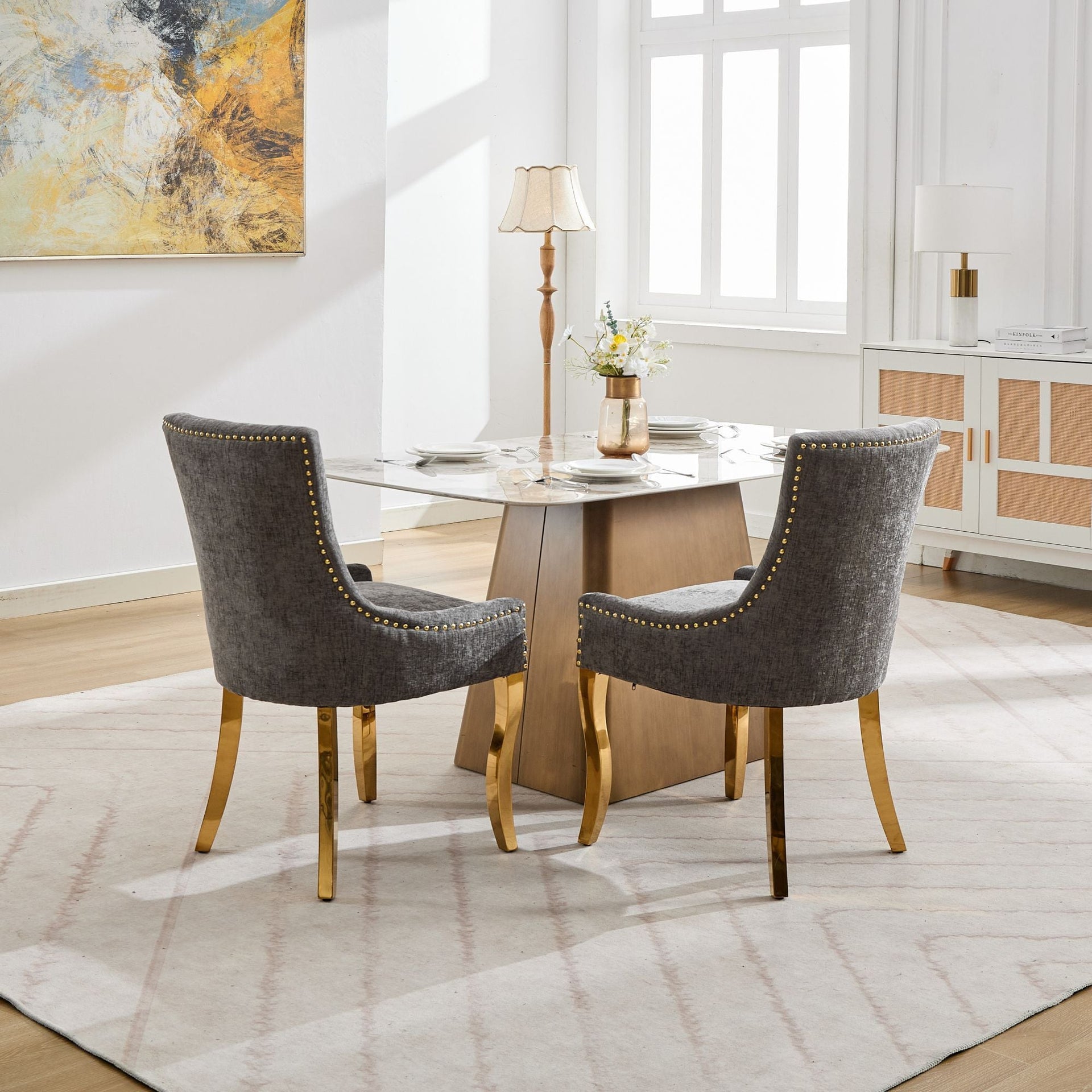 Chenille Dining Chairs Modern Style with Curved Gold-Plated Legs & Rivet Trim