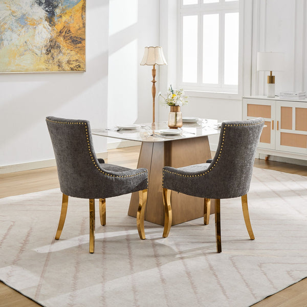 Chenille Dining Chairs Modern Style with Curved Gold-Plated Legs & Rivet Trim