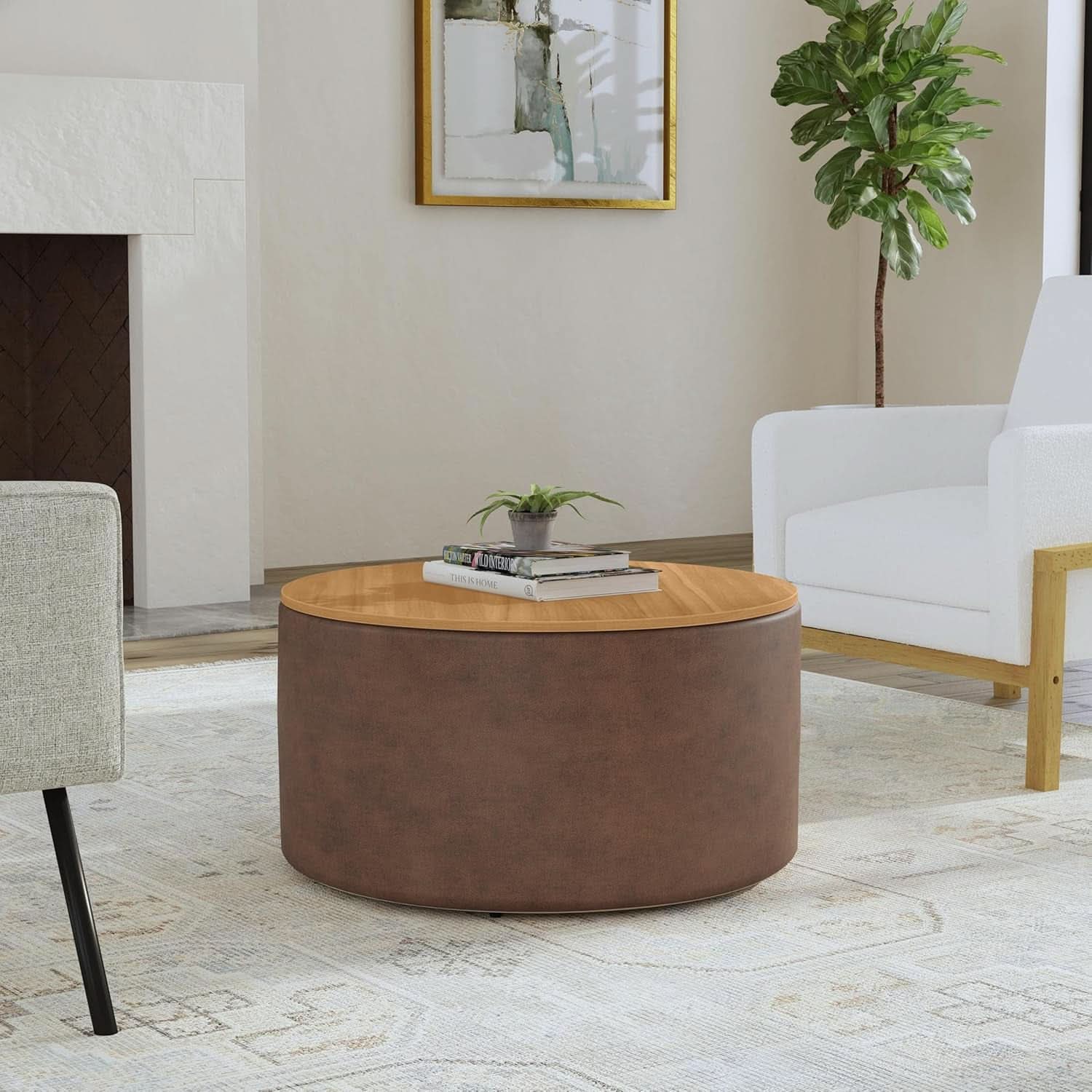 Polyester Upholstered Brown Wood Top Storage Ottoman