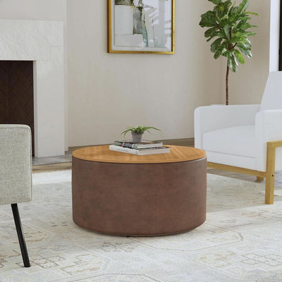Polyester Upholstered Brown Wood Top Storage Ottoman