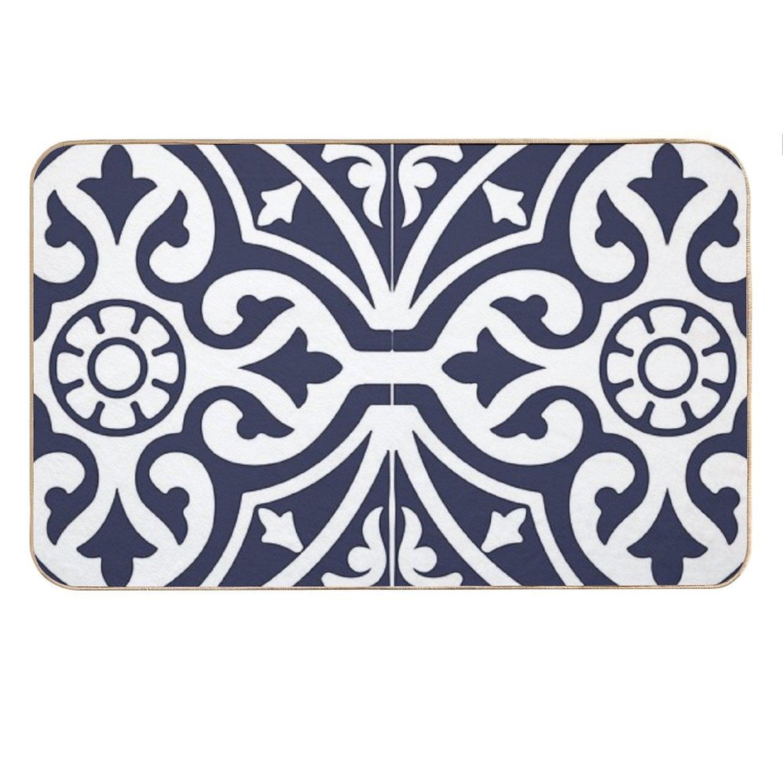 Hamptons Blue And White Moroccan Talavera Tile Bath Mat