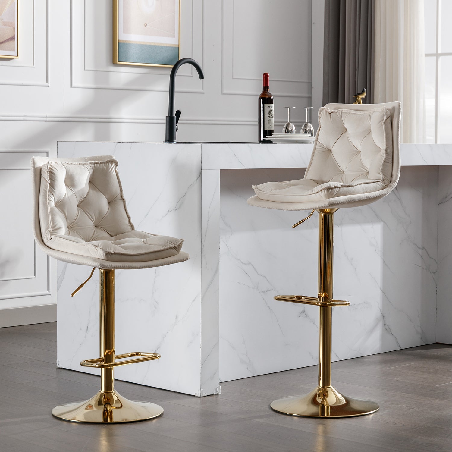 Set of 2 Bar Stools — Chrome Footrest, Swivel Height-Adjustable Velvet Seat, Golden Legs