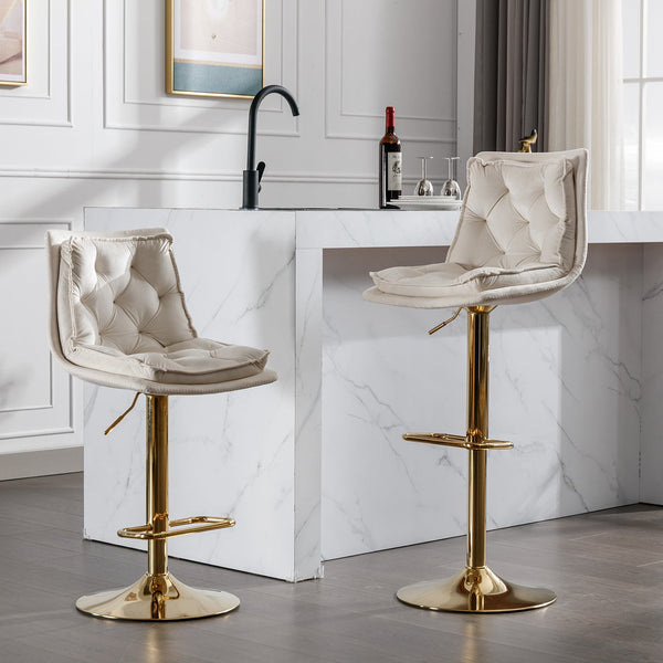 Set of 2 Bar Stools — Chrome Footrest, Swivel Height-Adjustable Velvet Seat, Golden Legs