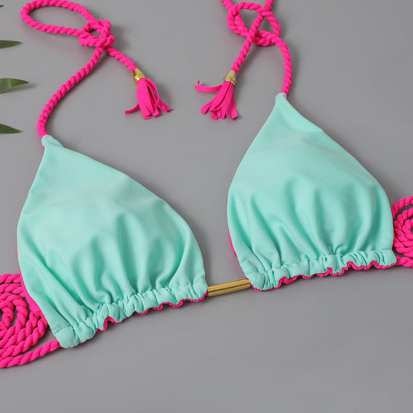 New Festival Flame Halter Bikini Set for Women – Triangle V-Neck Backless Two-Piece Swimsuit with Tie Side Bottoms & Adjustable Lace-Up Fit – Sleek Polyamide Swimwear for Koningsdag/King’s Day & Summer Beach Celebrations