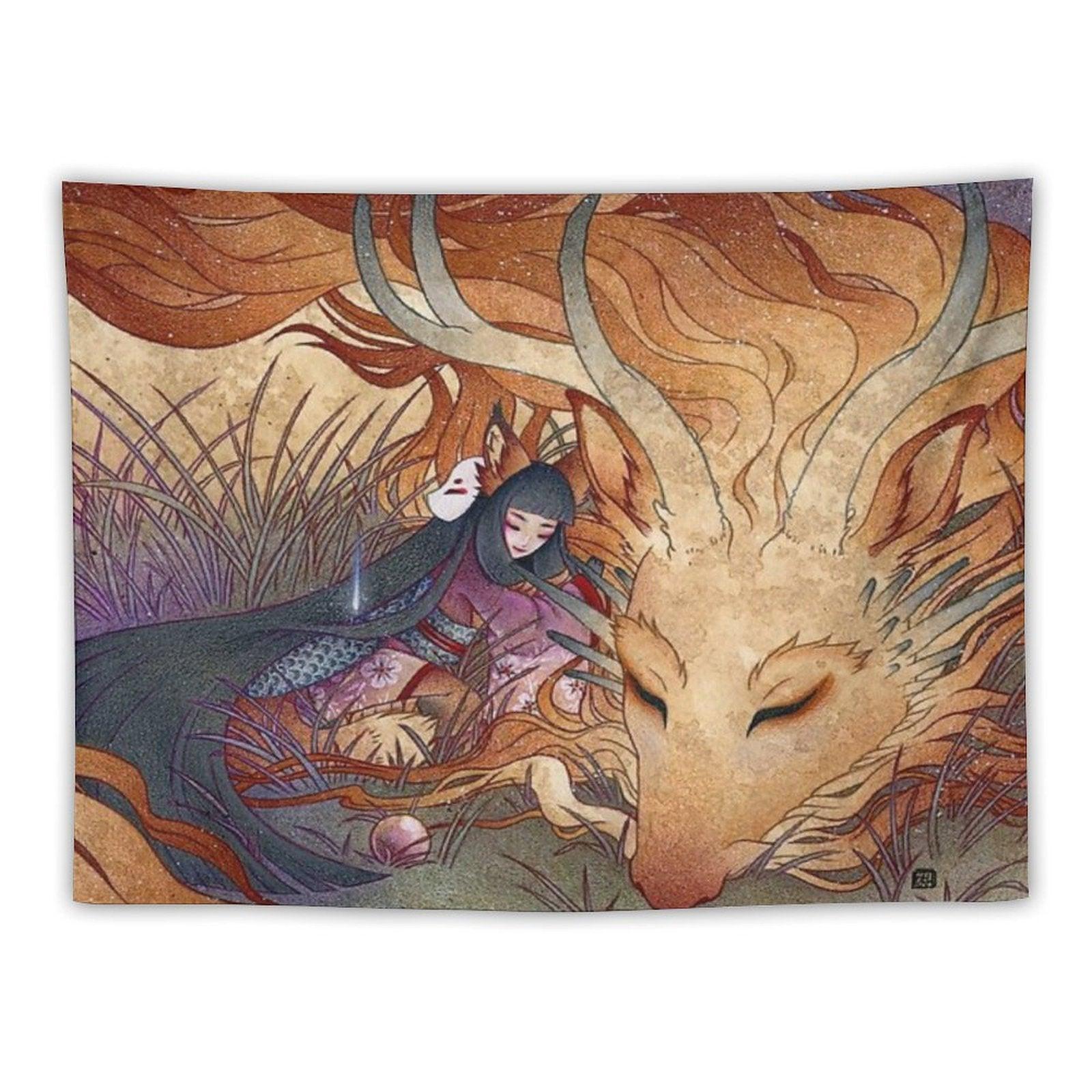 Slumbering Kitsune And Dragon Tapestry