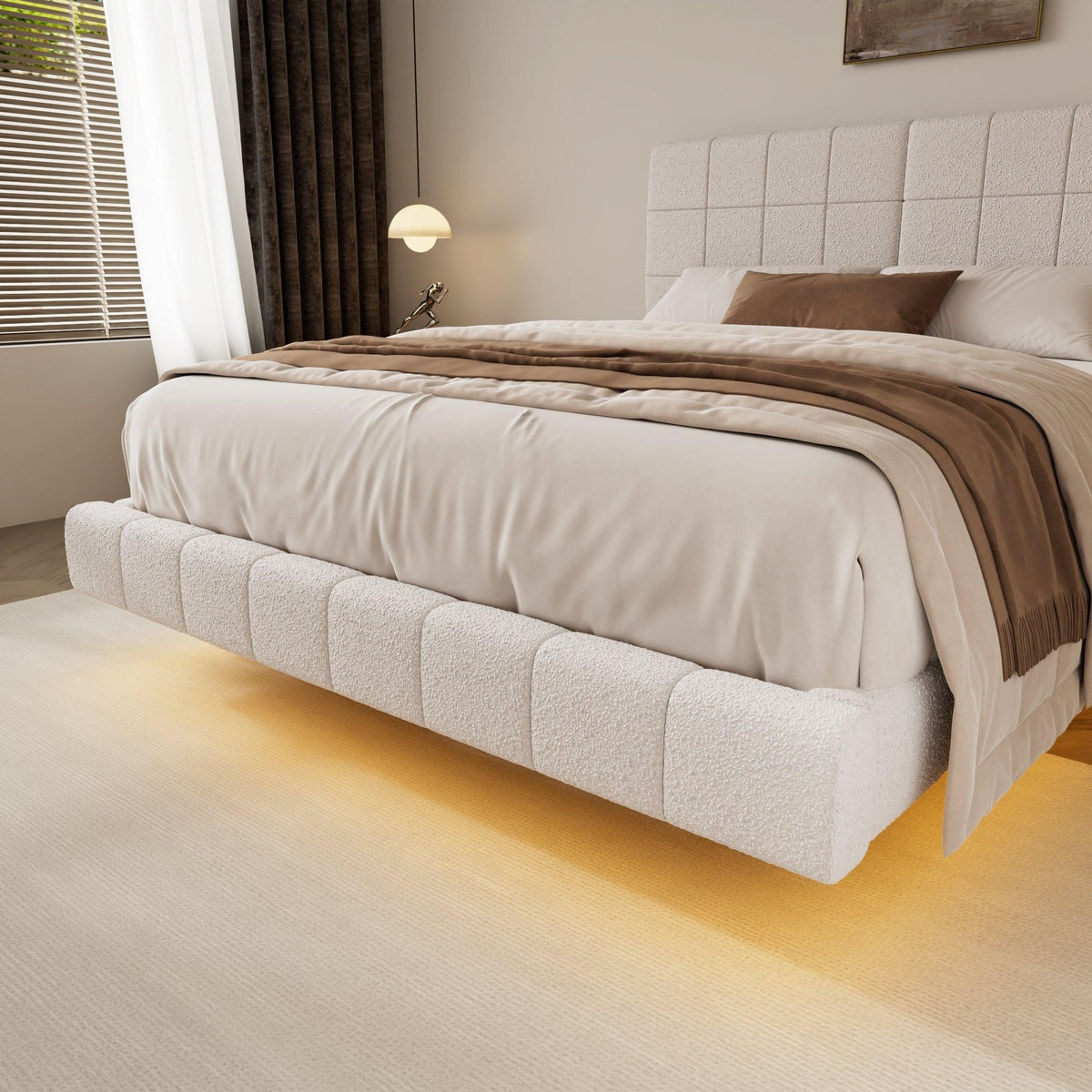 White  Boucle Floating Bed with Light,Queen