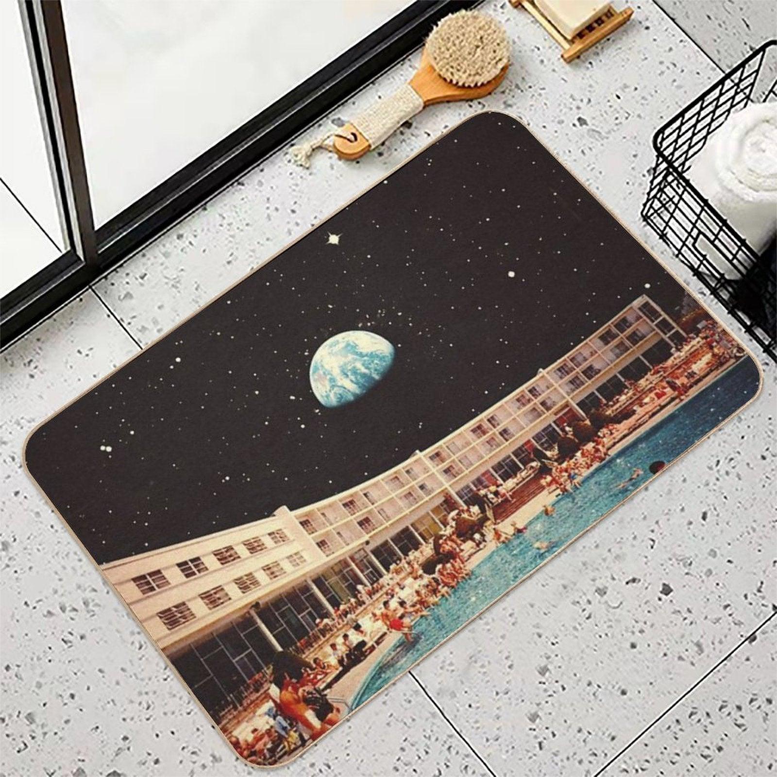 Lunar Pool Life - Retro-Futuristic Holiday Resort, Science Fiction Collage  Fade-Resistant Bath Mat