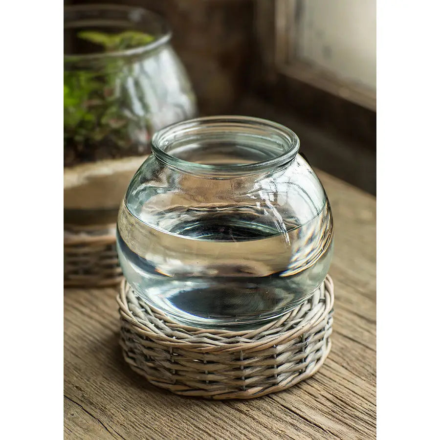 Glass and Wicker Round Terrarium Small