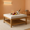 Oversized Ivory Upholstered Ottoman With Wooden Shelf