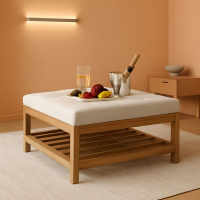 Oversized Ivory Upholstered Ottoman With Wooden Shelf