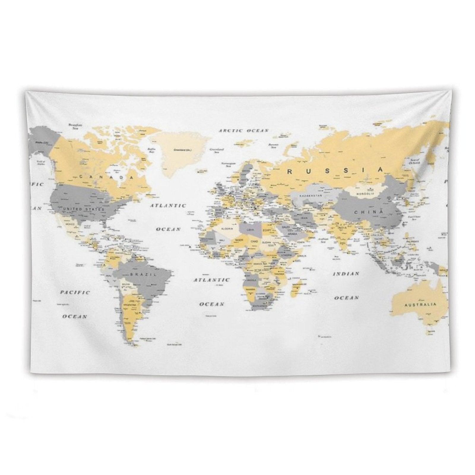 Map of The World Yellow And Grey Tapestry