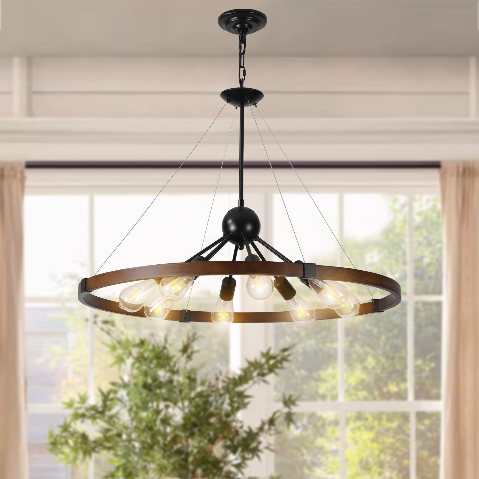 (Same as W1340111208/L1012) 8-Light Retro Farmhouse Chandelier For Kitchen, Living room, Dining room Red and Walnut(No Bulbs)