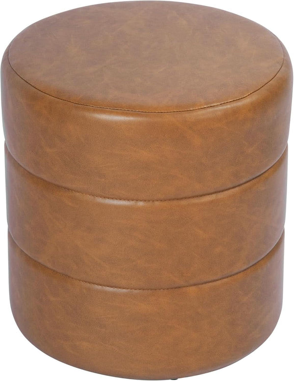 Round Upholstered Faux Leather Ottoman Footrest Camel