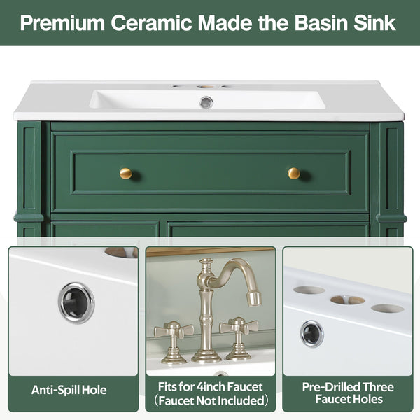 Bathroom Vanity with Ceramic Sink Basin, Cabinet with Soft-Close Doors and Organizer