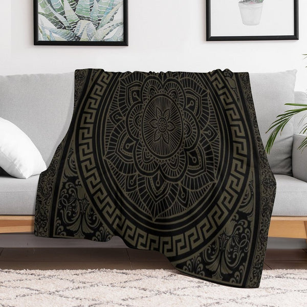 Ornate Baroque Army Green Black Meander Greek Key Flower Premium Throw Blanket