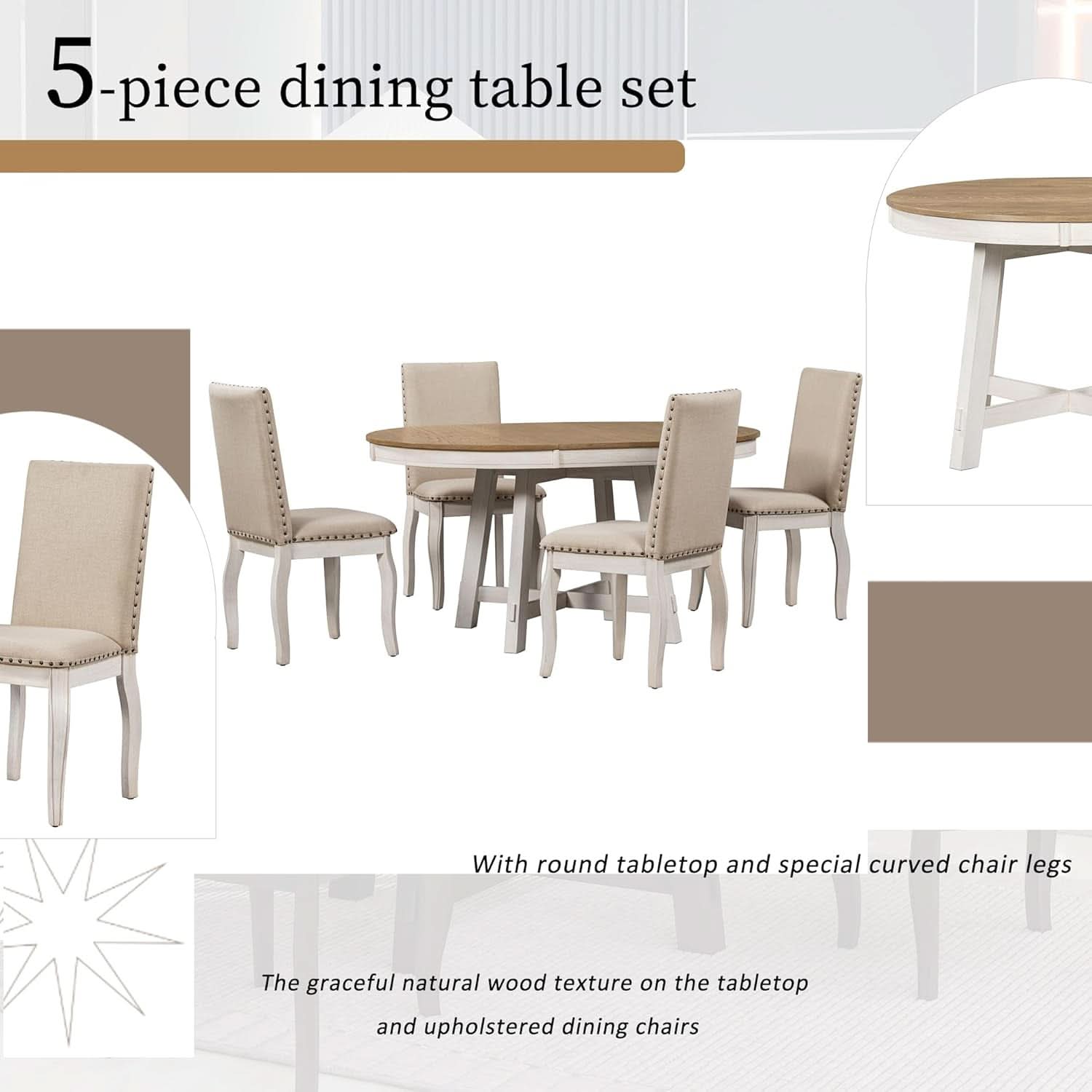 Farmhouse Round Extendable Dining Table Set Oak Finish with Upholstered Chairs