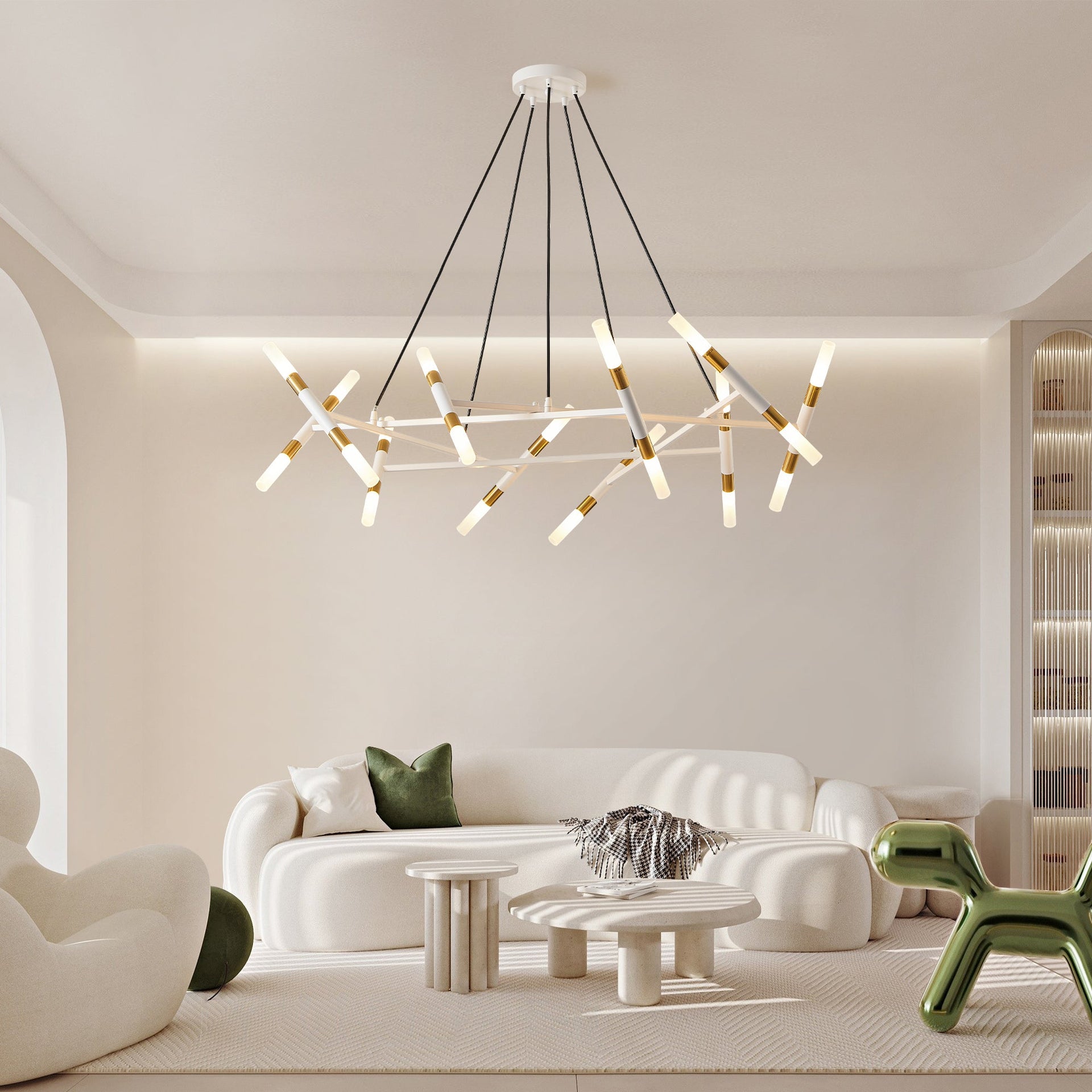 Modern Branch Chandelier with Frosted Tubes, Adjustable Height Pendant Light for Dining