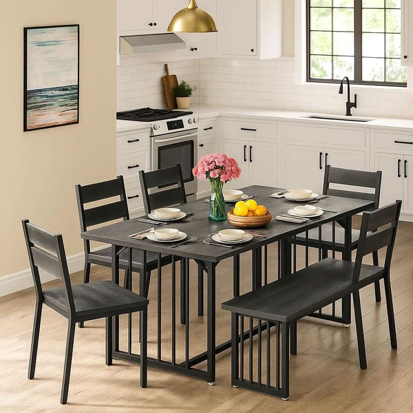 63 Inch Dark Grey Rectangular Dining Table Set Farmhouse